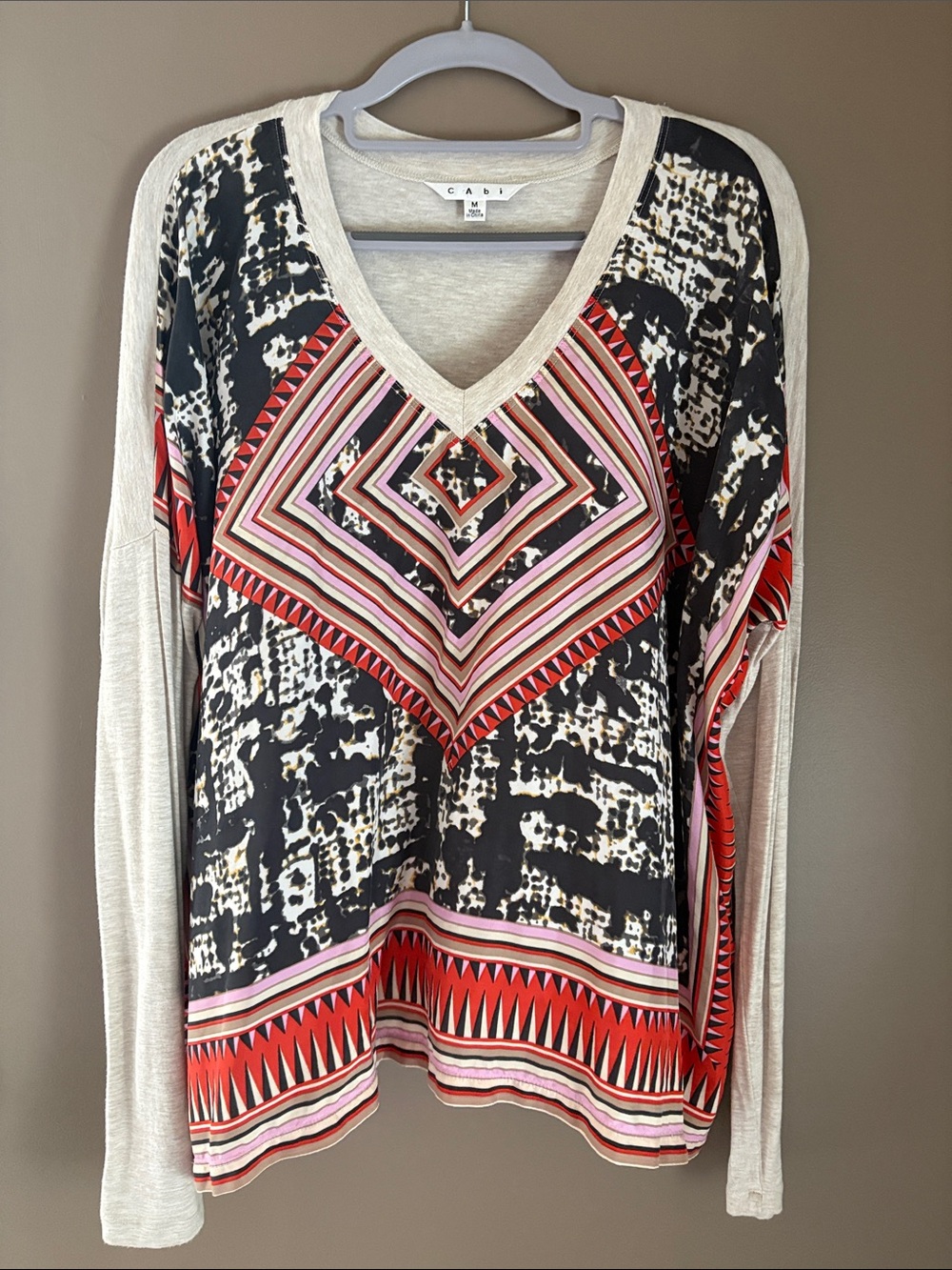 CAbi Long Sleeve V-Neck Geometric Print Top in Black, Red, Pink & Cream